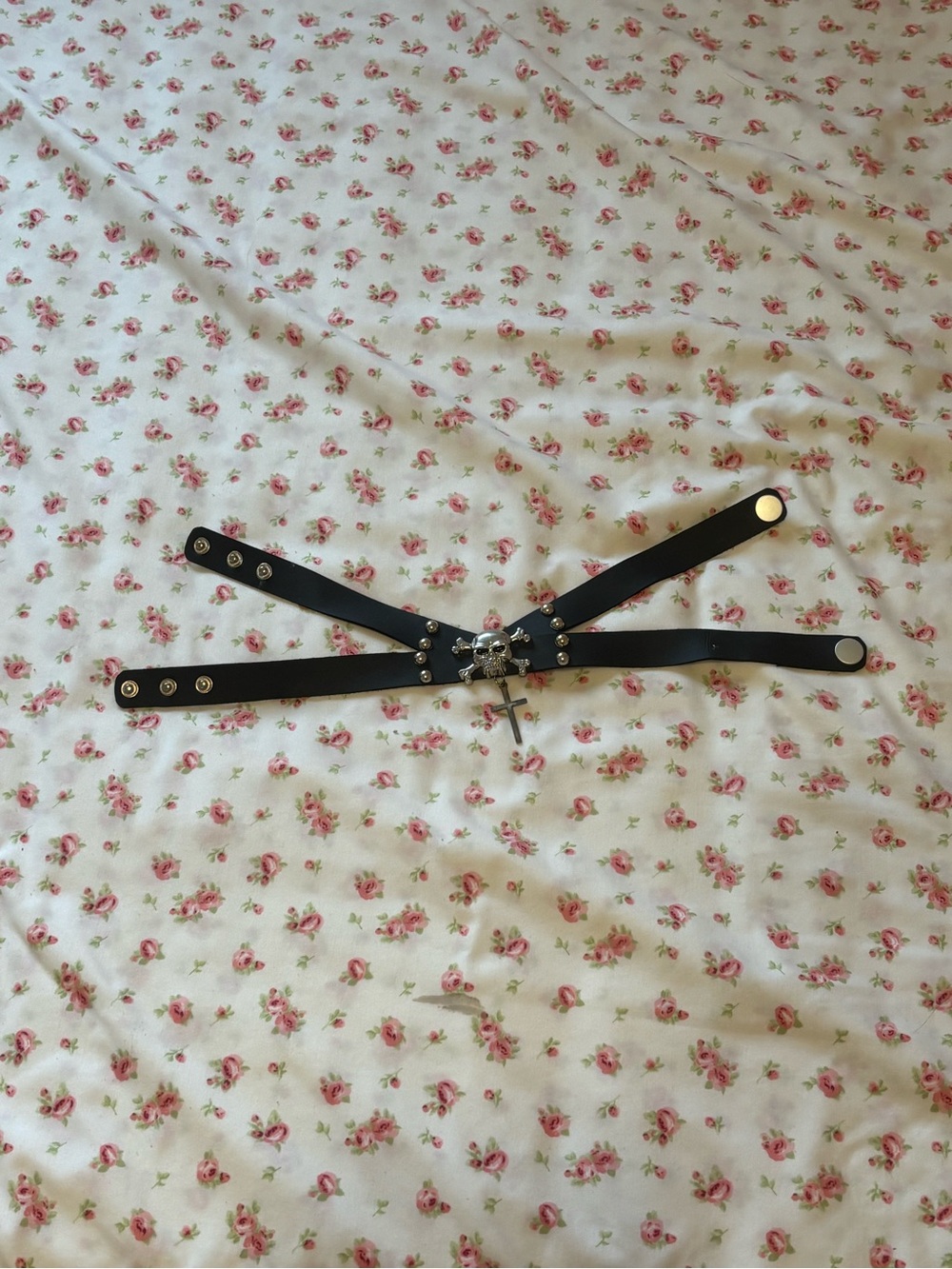 Black Faux Leather Skull & Cross Choker Necklace